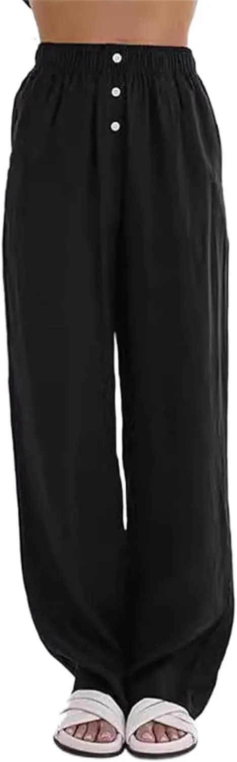 Womens Cotton Linen Pants Wide Leg High Waist Button Trousers Summer Casual Loose Straight Leg Pants for Women