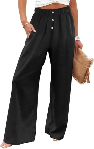 Womens Cotton Linen Pants Wide Leg High Waist Button Trousers Summer Casual Loose Straight Leg Pants for Women