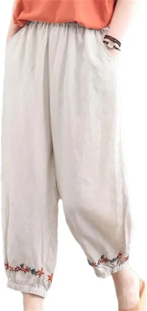 Women's Cotton Linen Retro Solid Color Ankle-Length Pants  Casual Loose Fit Summer Beach Travel Vacation Trousers