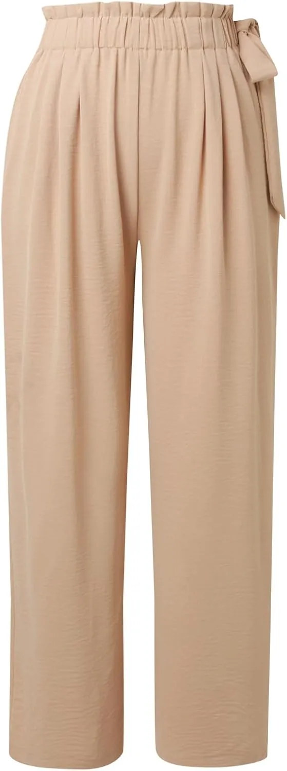 Womens Cotton Linen Wide Leg Pants High Waisted Tie Knot Trousers Business Casual Pants Summer Loose Palazzo Trousers