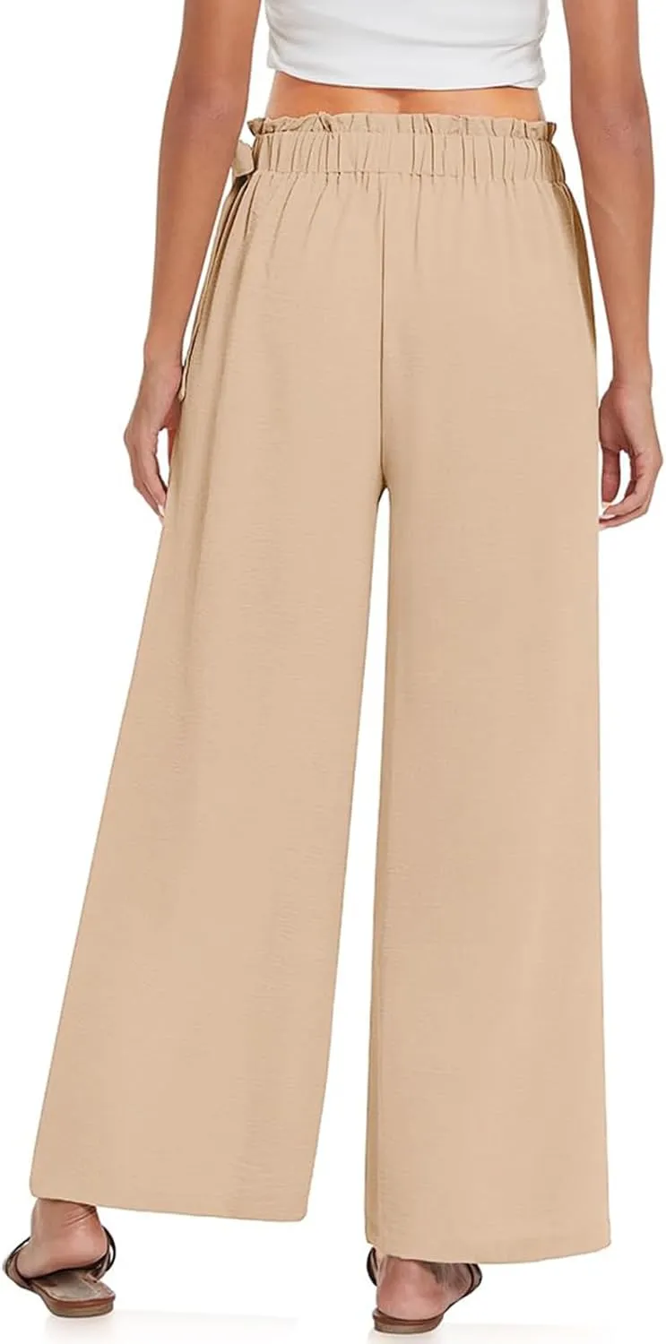 Womens Cotton Linen Wide Leg Pants High Waisted Tie Knot Trousers Business Casual Pants Summer Loose Palazzo Trousers