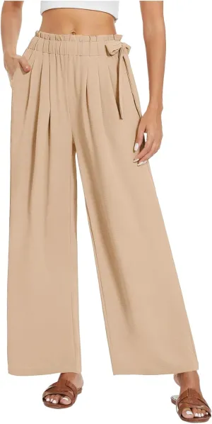 Womens Cotton Linen Wide Leg Pants High Waisted Tie Knot Trousers Business Casual Pants Summer Loose Palazzo Trousers