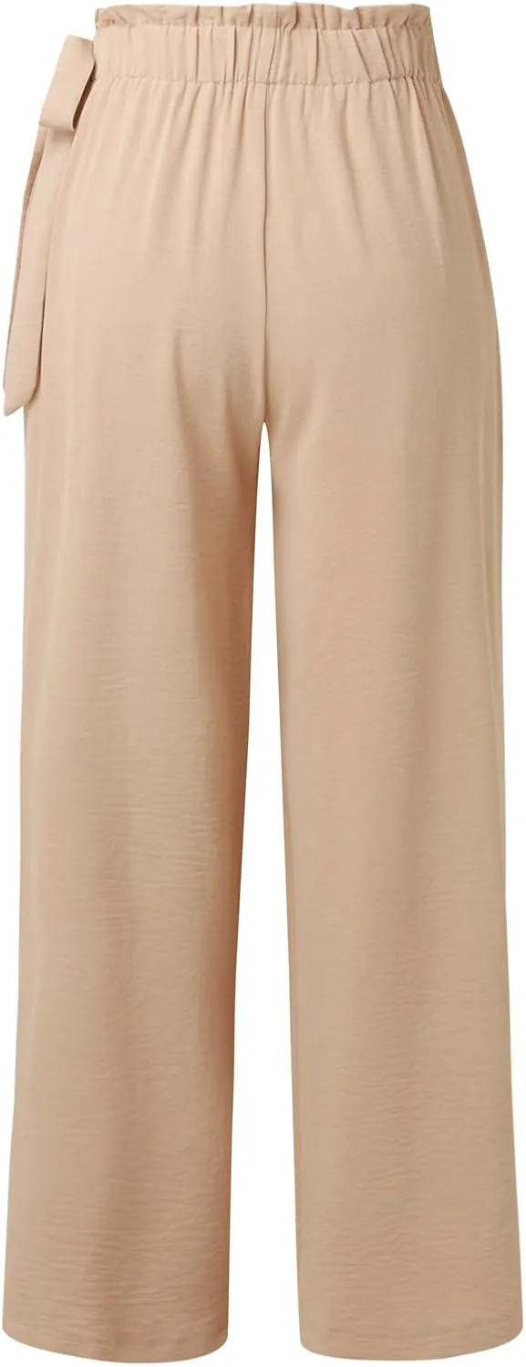 Womens Cotton Linen Wide Leg Pants High Waisted Tie Knot Trousers Business Casual Pants Summer Loose Palazzo Trousers