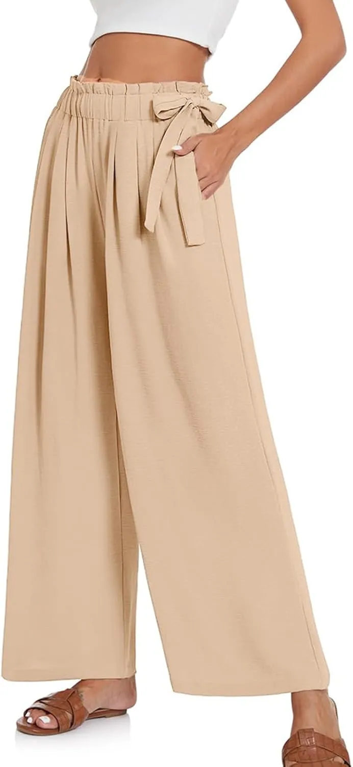 Womens Cotton Linen Wide Leg Pants High Waisted Tie Knot Trousers Business Casual Pants Summer Loose Palazzo Trousers