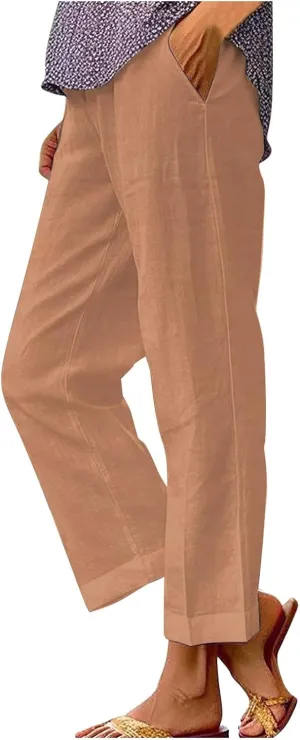 Womens Cropped Linen Pants Summer Elastic Waist Straight Leg Oversized Crop Pants Casual Trousers with Pockets