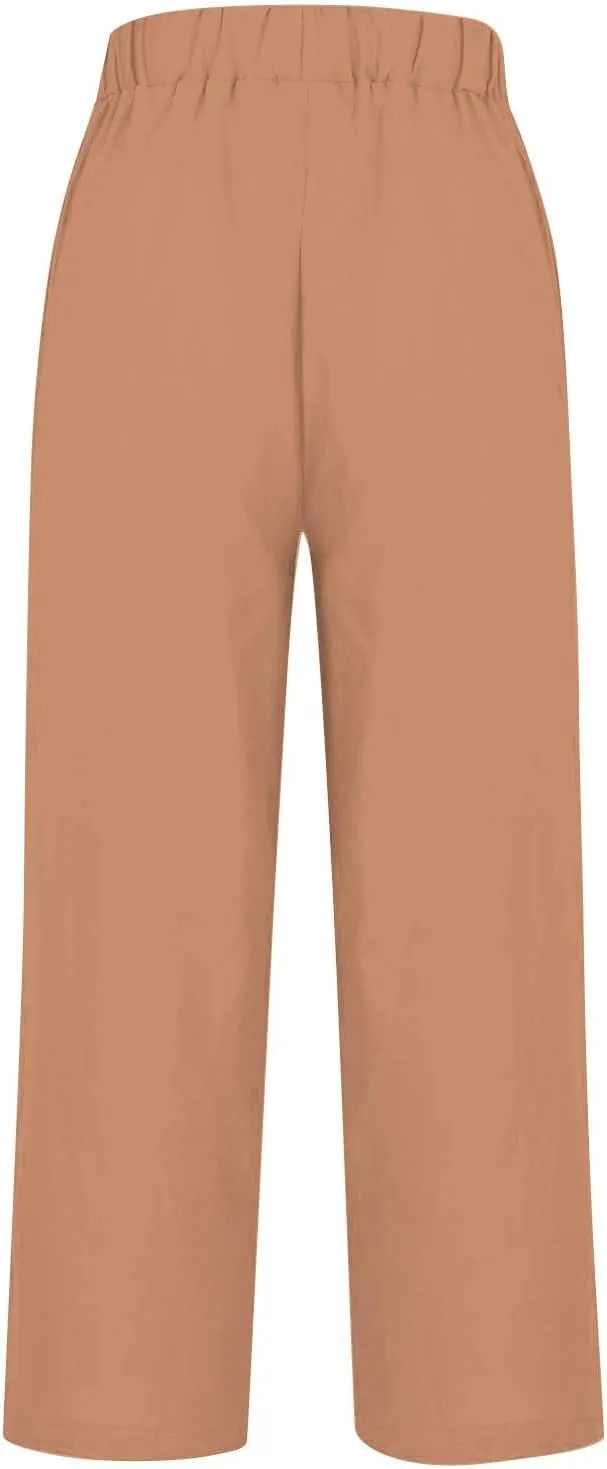 Womens Cropped Linen Pants Summer Elastic Waist Straight Leg Oversized Crop Pants Casual Trousers with Pockets