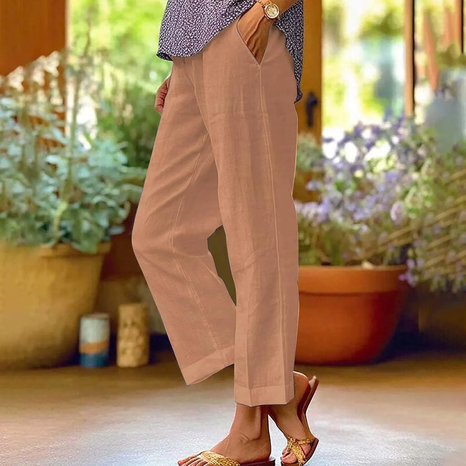 Womens Cropped Linen Pants Summer Elastic Waist Straight Leg Oversized Crop Pants Casual Trousers with Pockets