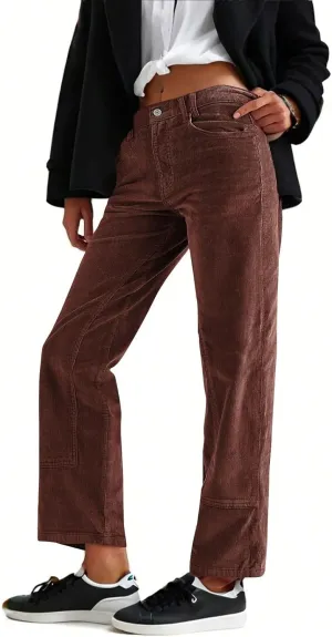 Women's Dressy Corduroy Pants Spring Vintage Straight Leg Work Pant Button High Waist Casual Loose Outdoor Trousers