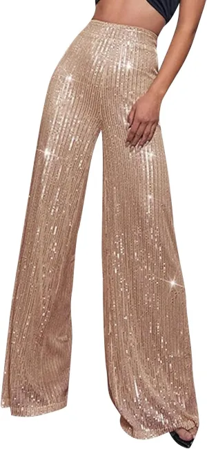 Women's Dressy Fashion Casual Solid Color High Waist Sequin Side Zipper Draped Wide Leg Loose Fit Pants