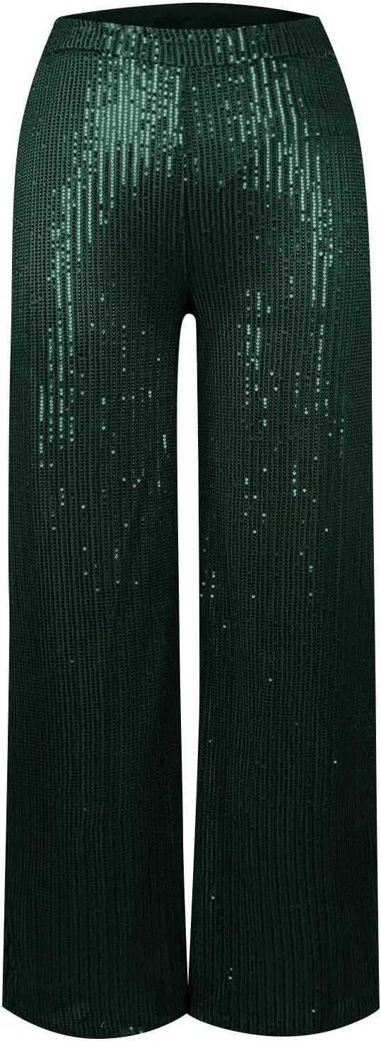 Women's Dressy Fashion Casual Solid Color High Waist Sequin Side Zipper Draped Wide Leg Loose Fit Pants