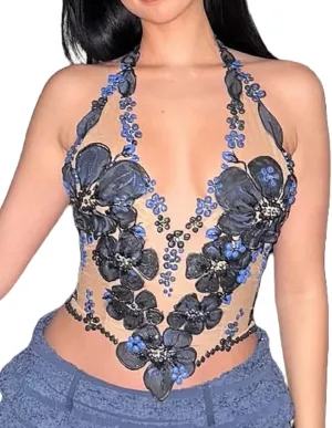 Womens Floral Sheer Halter Top Sleeveless Tie Backless Camisole Sexy See Through Flower Embroidered Tank Tops