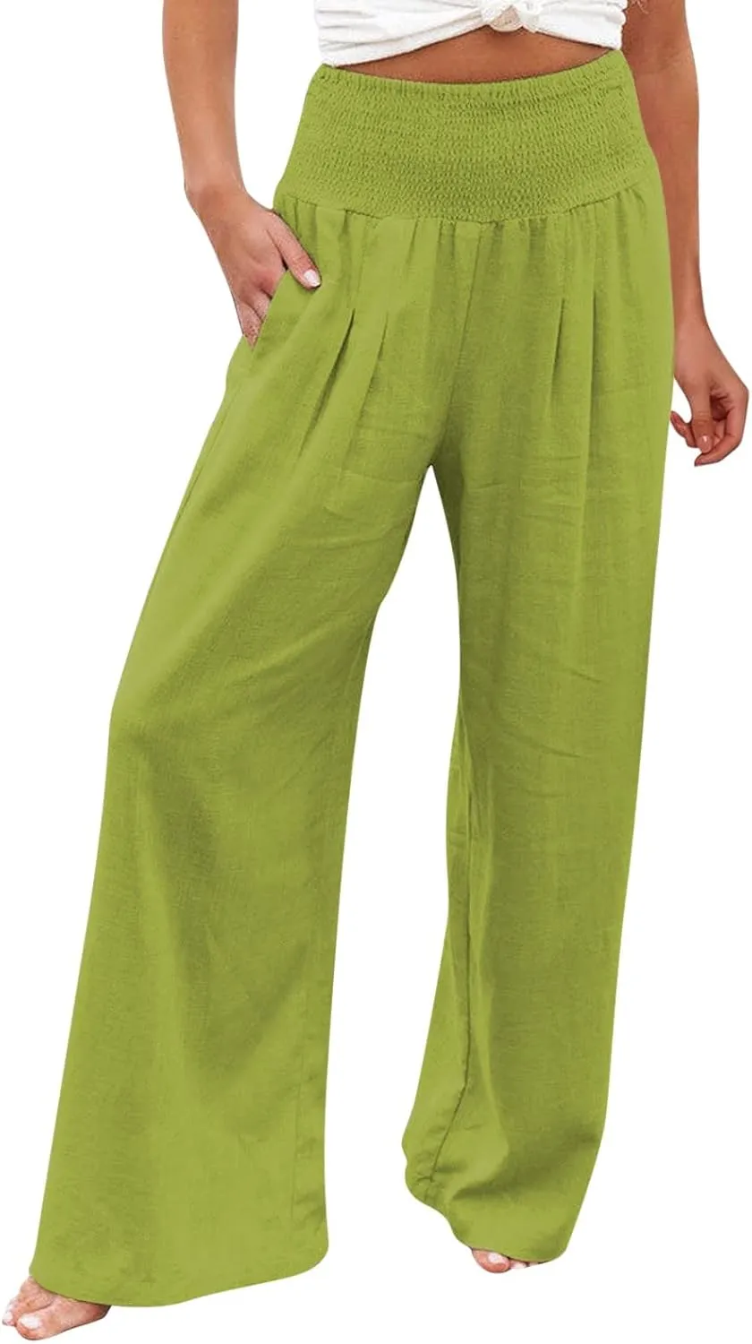 Womens Flowy Pants Loose Linen Wide Leg Pants High Waisted Elastic Waistband Trousers Preppy Cotton Linen Joggers Bottoms