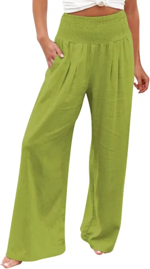 Womens Flowy Pants Loose Linen Wide Leg Pants High Waisted Elastic Waistband Trousers Preppy Cotton Linen Joggers Bottoms
