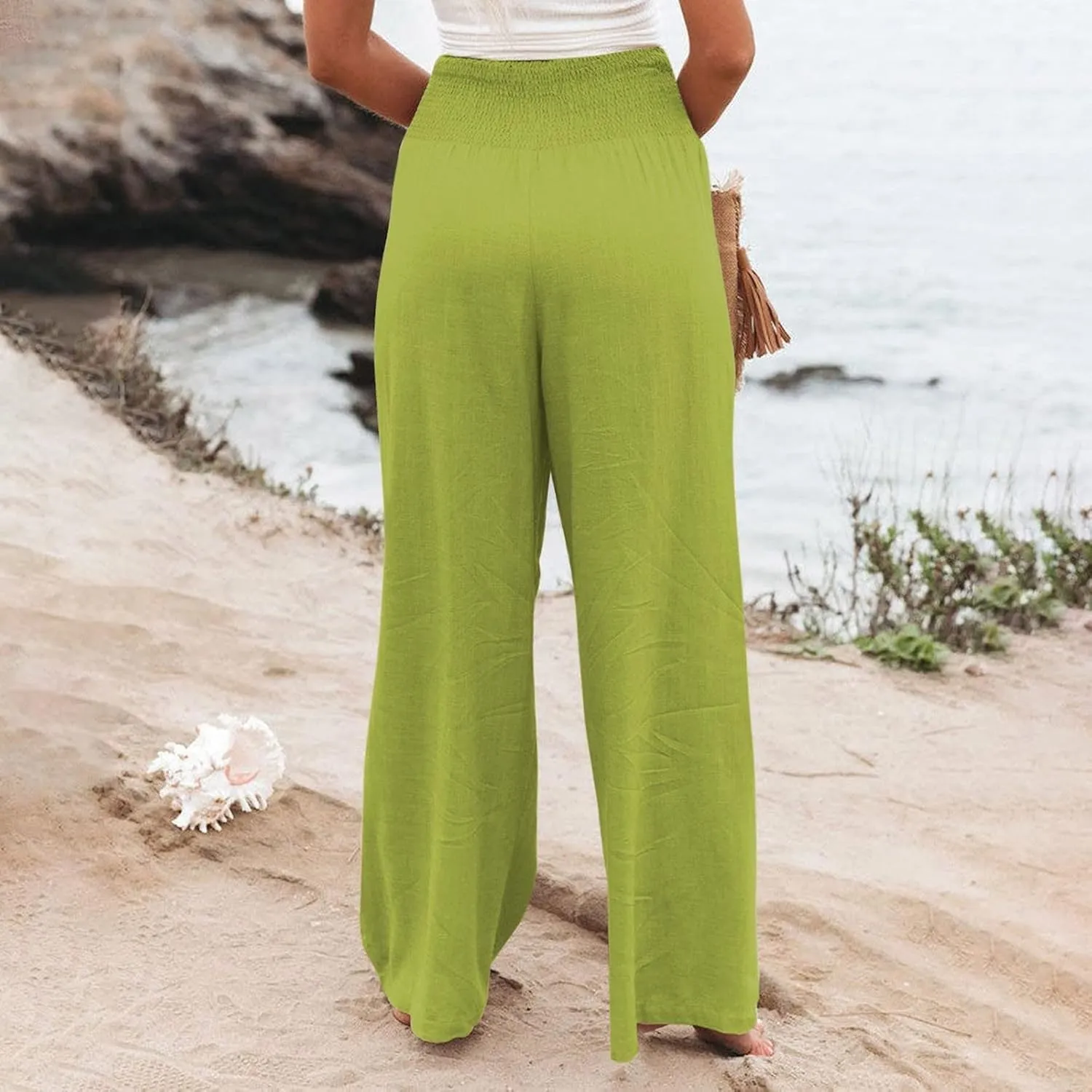 Womens Flowy Pants Loose Linen Wide Leg Pants High Waisted Elastic Waistband Trousers Preppy Cotton Linen Joggers Bottoms