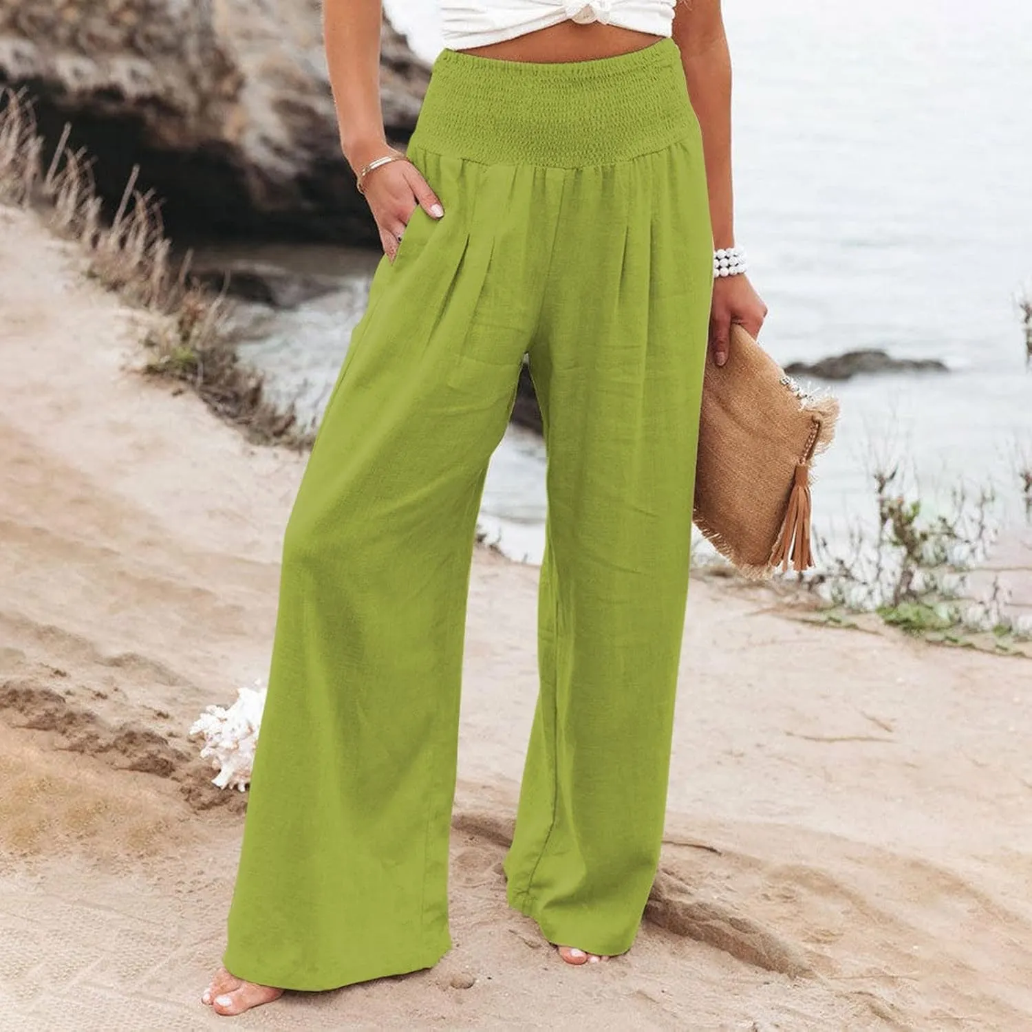 Womens Flowy Pants Loose Linen Wide Leg Pants High Waisted Elastic Waistband Trousers Preppy Cotton Linen Joggers Bottoms