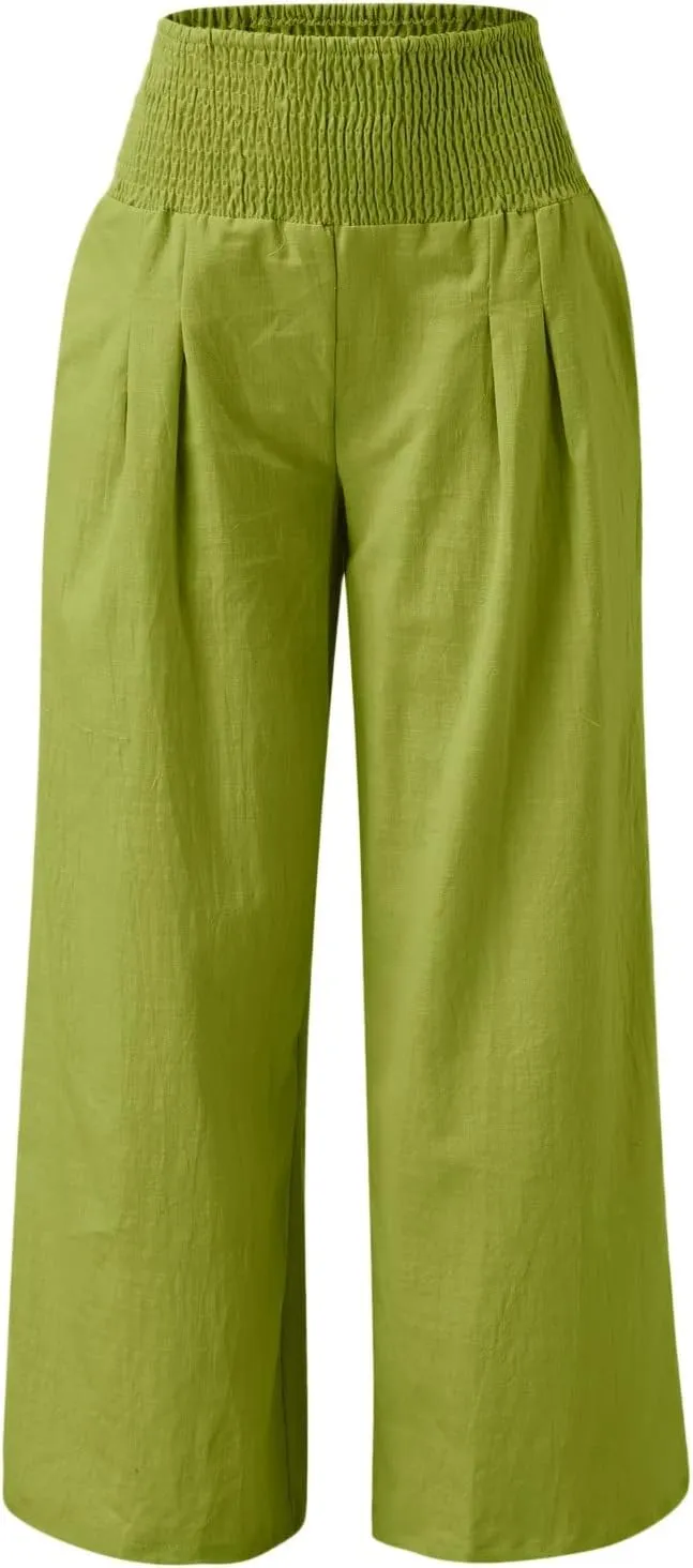 Womens Flowy Pants Loose Linen Wide Leg Pants High Waisted Elastic Waistband Trousers Preppy Cotton Linen Joggers Bottoms