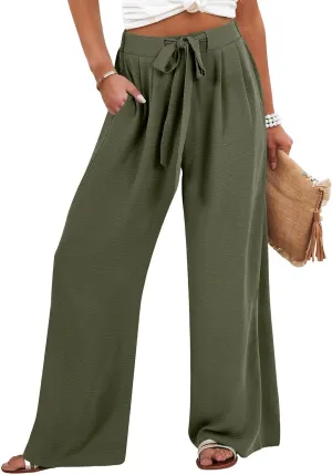 Women's High Waist Adjustable Tie Knot Flowing Wide Leg Dressy Casual Loose Fit Fashion Pants