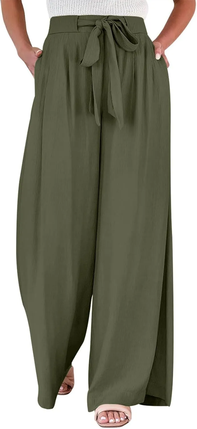 Women's High Waist Adjustable Tie Knot Flowing Wide Leg Dressy Casual Loose Fit Fashion Pants