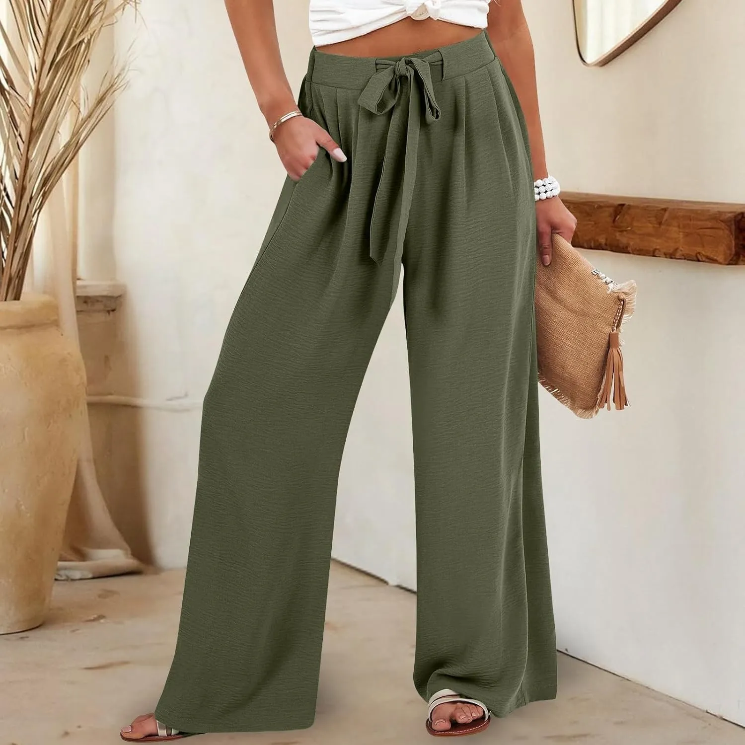 Women's High Waist Adjustable Tie Knot Flowing Wide Leg Dressy Casual Loose Fit Fashion Pants