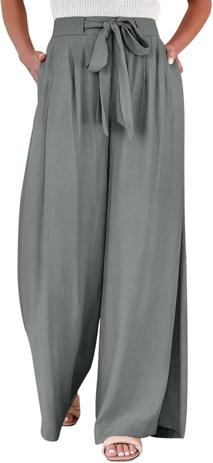 Women's High Waist Adjustable Tie Knot Flowing Wide Leg Dressy Casual Loose Fit Fashion Pants