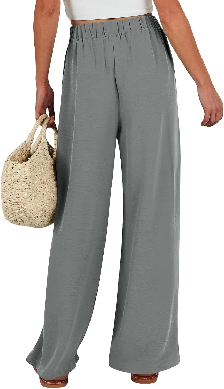 Women's High Waist Adjustable Tie Knot Flowing Wide Leg Dressy Casual Loose Fit Fashion Pants