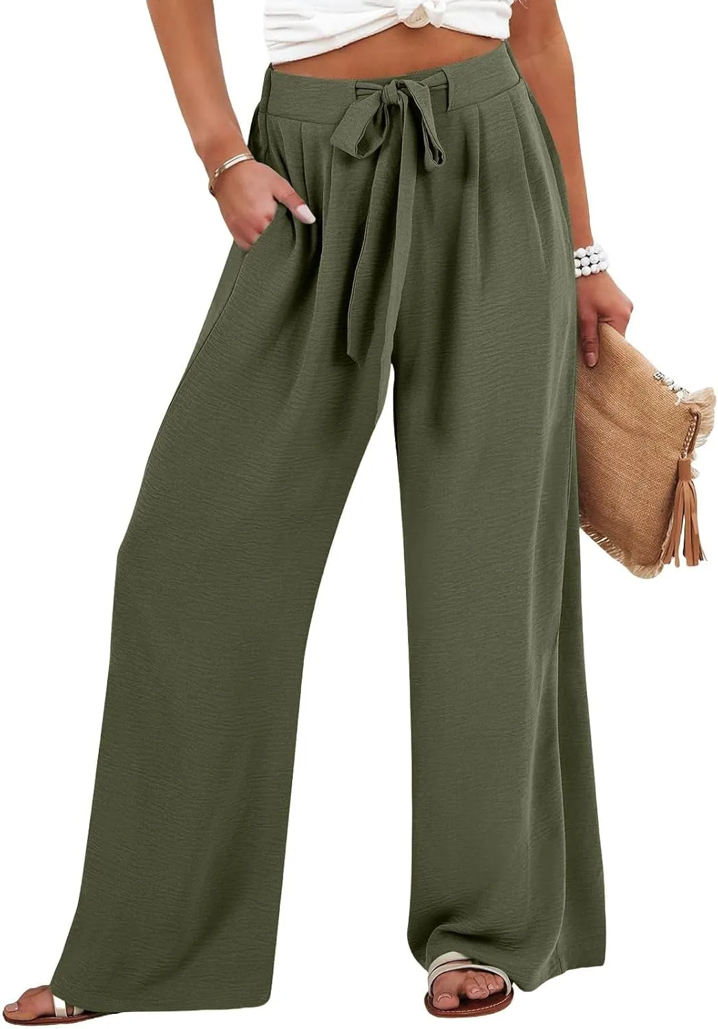 Women's High Waist Adjustable Tie Knot Flowing Wide Leg Dressy Casual Loose Fit Fashion Pants