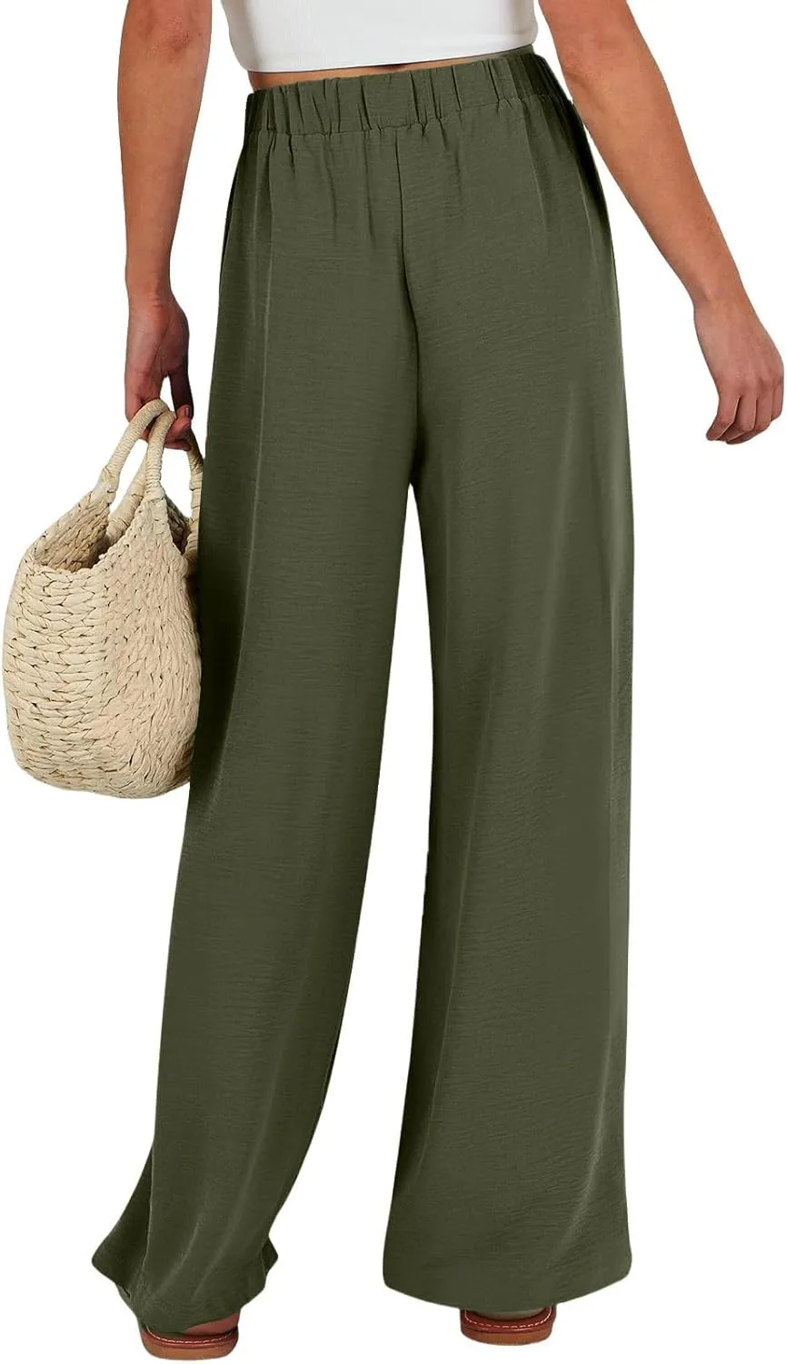 Women's High Waist Adjustable Tie Knot Flowing Wide Leg Dressy Casual Loose Fit Fashion Pants