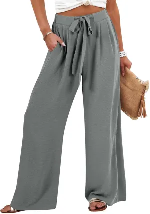 Women's High Waist Adjustable Tie Knot Flowing Wide Leg Dressy Casual Loose Fit Fashion Pants