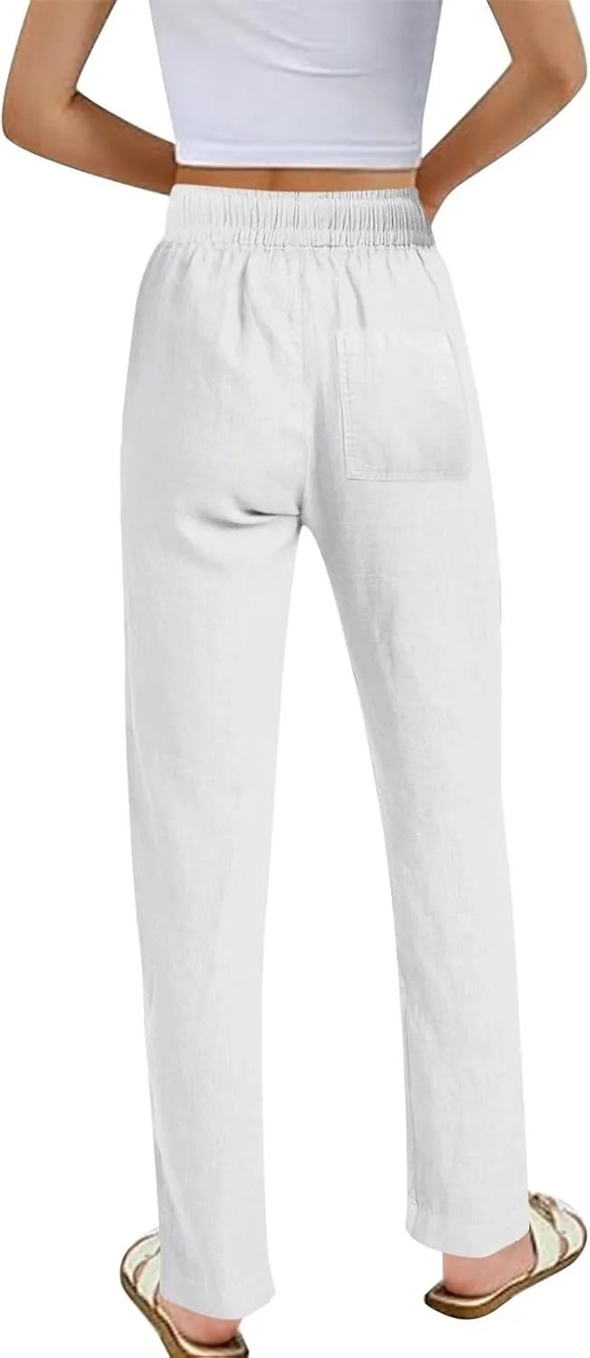Womens High Waist Casual Linen Pants Summer Drawstring Straight Leg Lounge Trousers with Pockets
