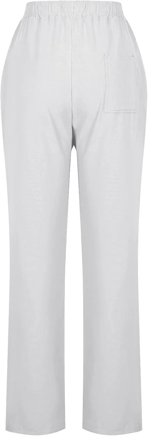 Womens High Waist Casual Linen Pants Summer Drawstring Straight Leg Lounge Trousers with Pockets