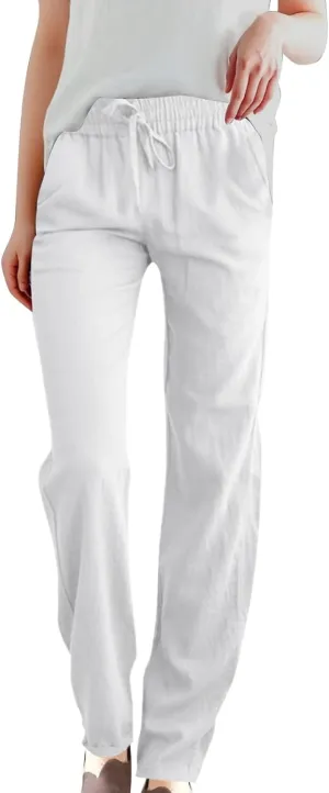 Womens High Waist Casual Linen Pants Summer Drawstring Straight Leg Lounge Trousers with Pockets