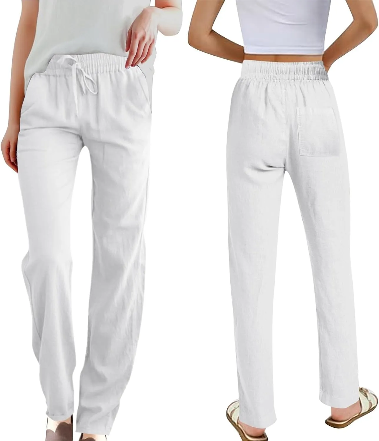 Womens High Waist Casual Linen Pants Summer Drawstring Straight Leg Lounge Trousers with Pockets