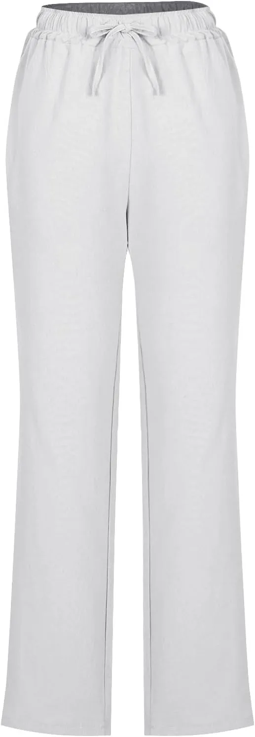 Womens High Waist Casual Linen Pants Summer Drawstring Straight Leg Lounge Trousers with Pockets
