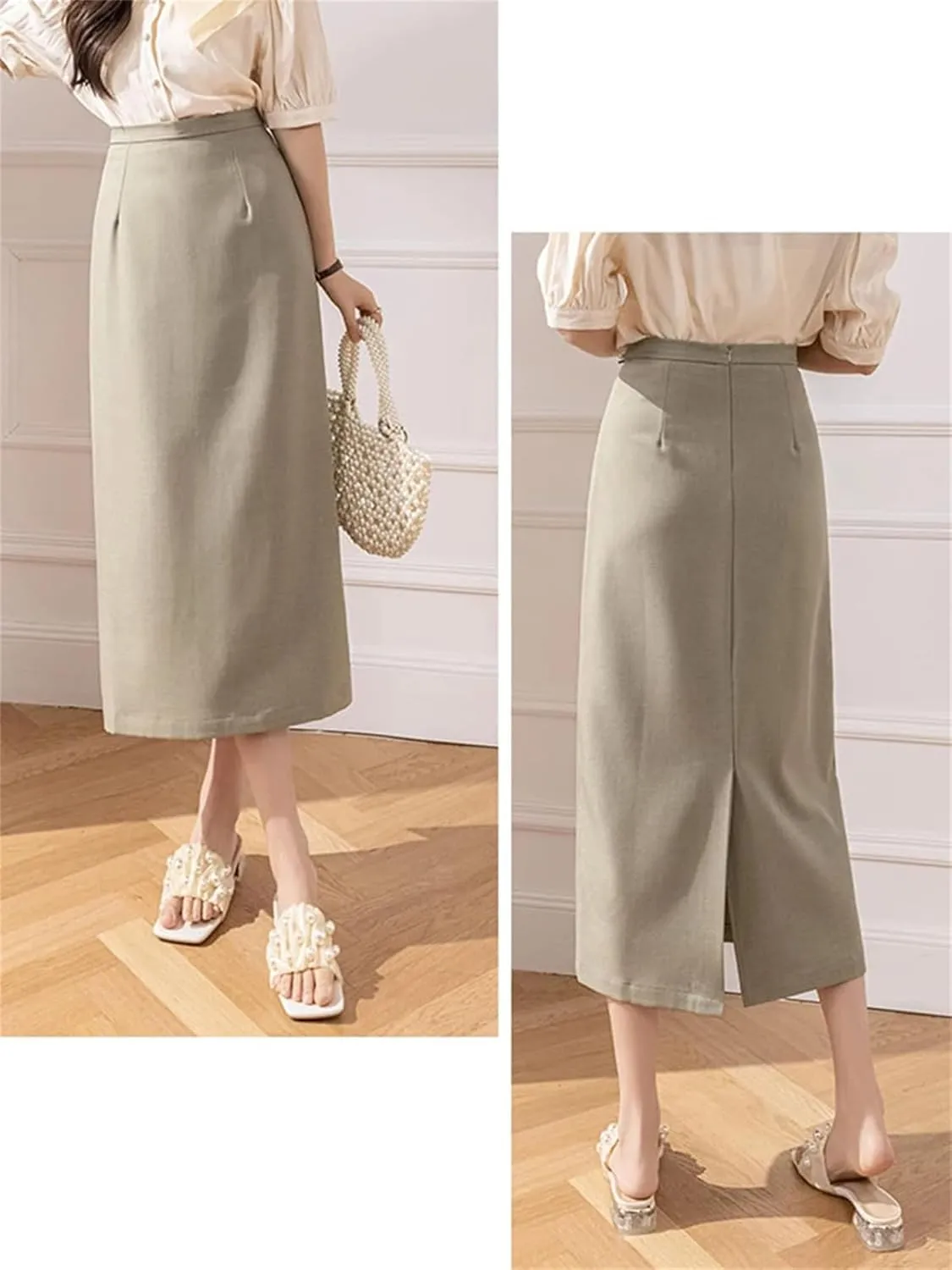 Women's High Waist Maxi Skirt Solid Color Office Skinny Pencil Wrap Slit Skirt