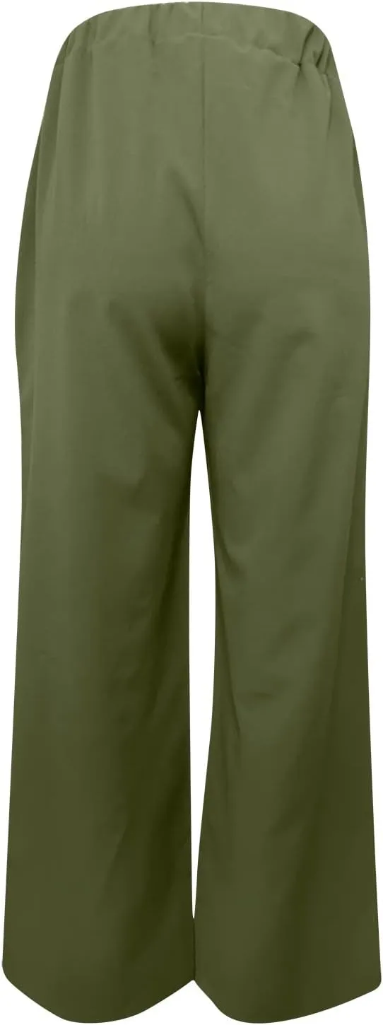 Womens High Waist Wide Leg Pants Casual Summer Elastic Waist Loose Comfy Flowy Lounge Pant Trouser with Pockets