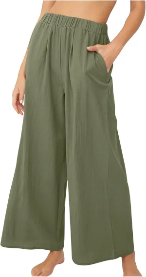 Womens High Waist Wide Leg Pants Casual Summer Elastic Waist Loose Comfy Flowy Lounge Pant Trouser with Pockets