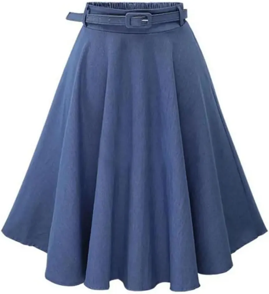 Women's High-Waisted Dress with Long Skirt and Belt Casual Loose Half-Length Denim Skirt