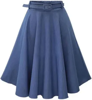 Women's High-Waisted Dress with Long Skirt and Belt Casual Loose Half-Length Denim Skirt