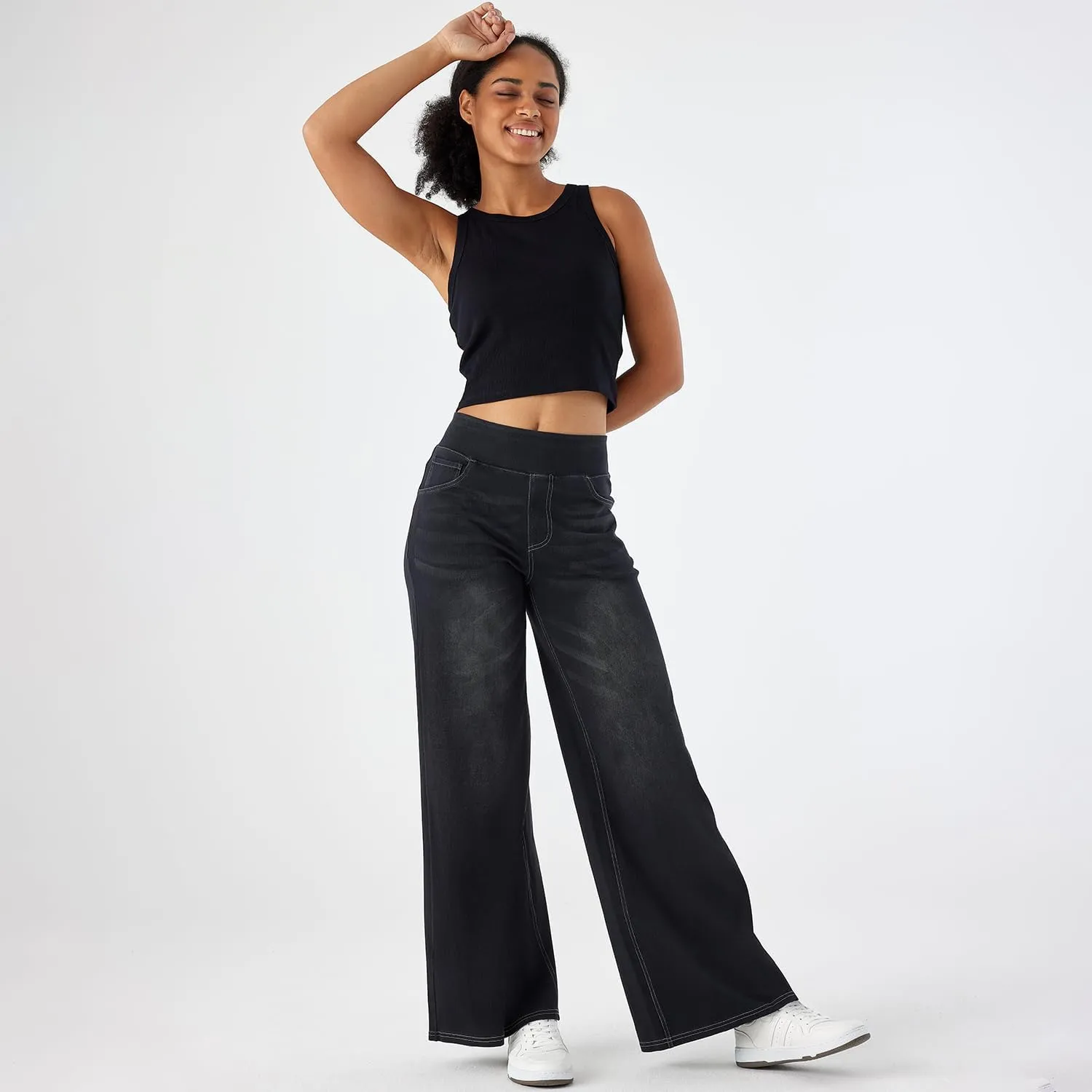 Women's High Waisted Wide Leg Jeggings  Stretch Denim Pull On Flare Jeans with Pockets Casual Comfy Pants