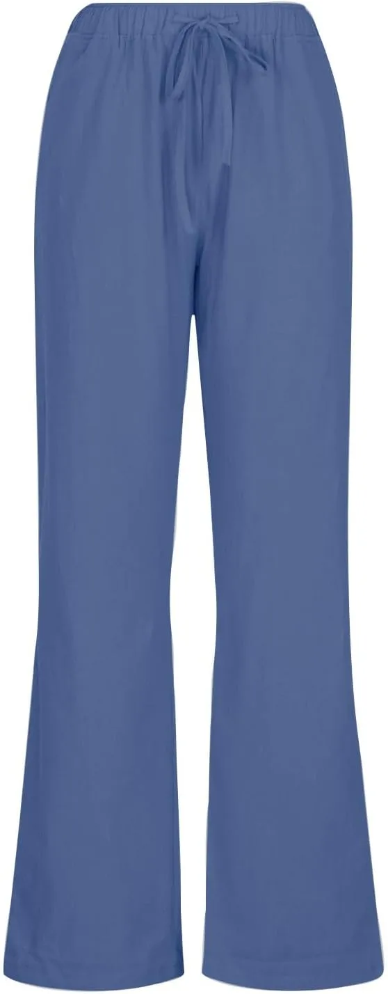 Women's Linen Pants - Solid Color Drawstring Waist Wide Leg Casual Trousers, Loose Fit Long Palazzo Lounge Pants