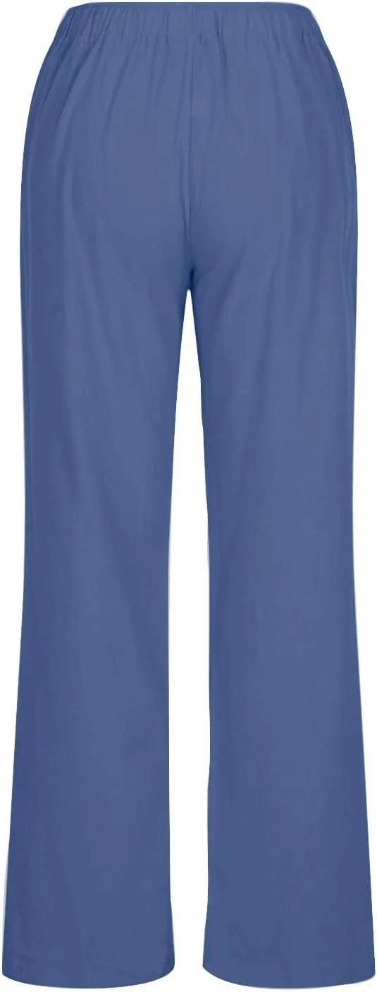 Women's Linen Pants - Solid Color Drawstring Waist Wide Leg Casual Trousers, Loose Fit Long Palazzo Lounge Pants