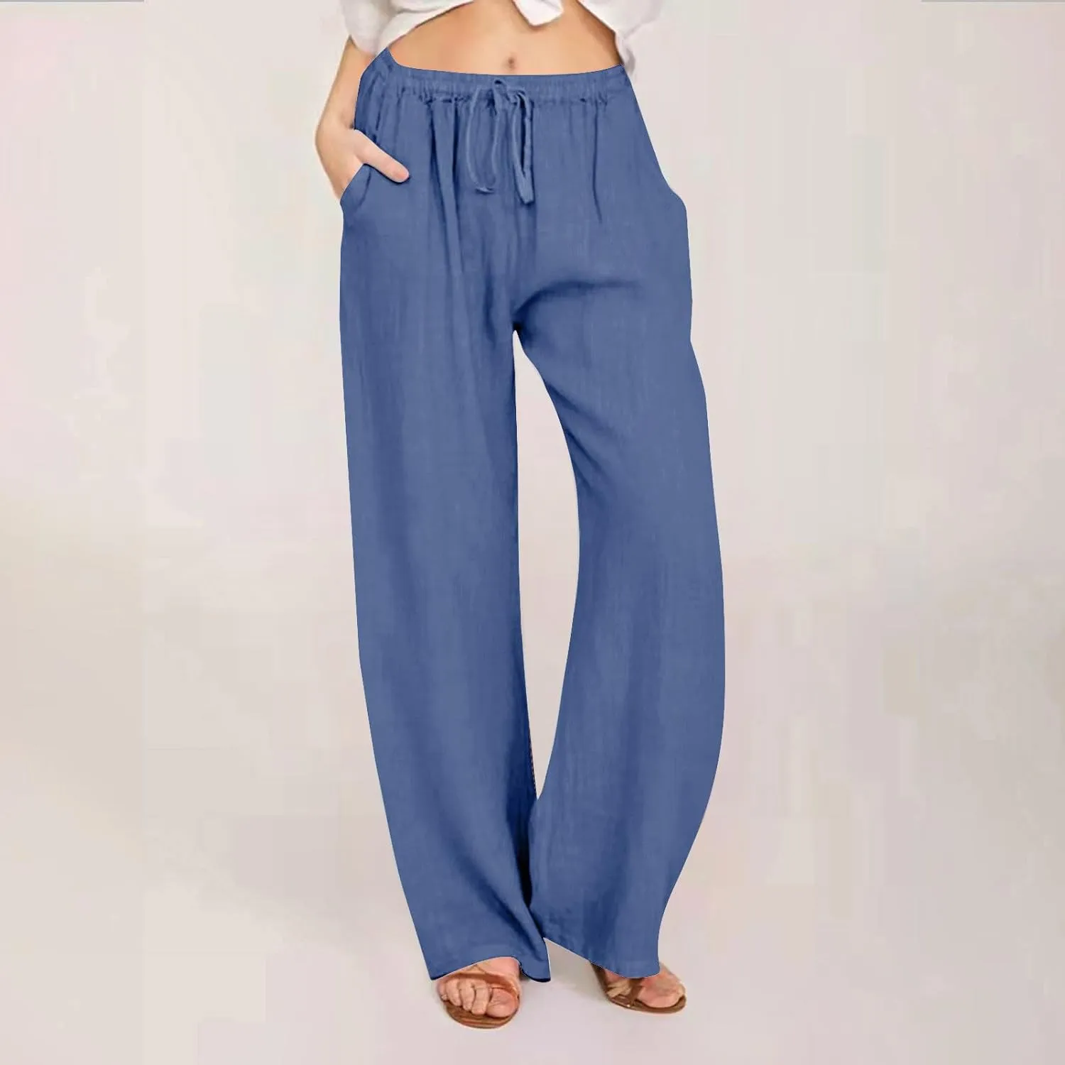 Women's Linen Pants - Solid Color Drawstring Waist Wide Leg Casual Trousers, Loose Fit Long Palazzo Lounge Pants