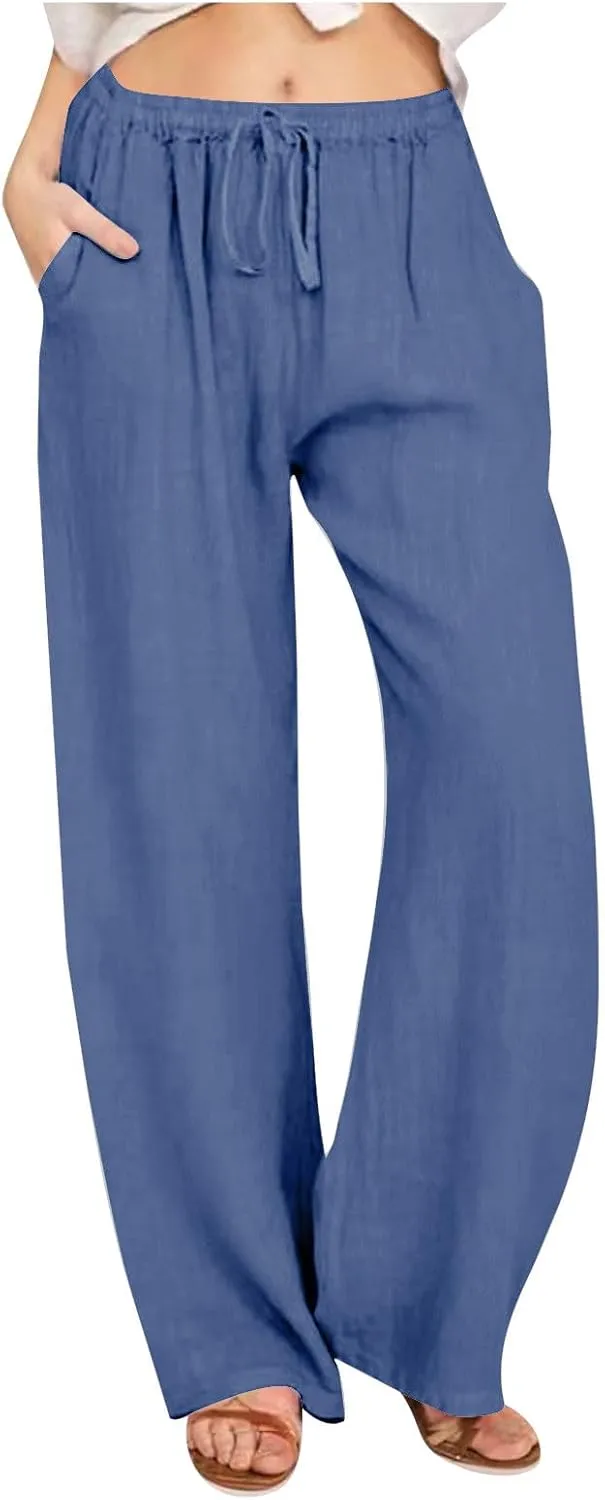 Women's Linen Pants - Solid Color Drawstring Waist Wide Leg Casual Trousers, Loose Fit Long Palazzo Lounge Pants