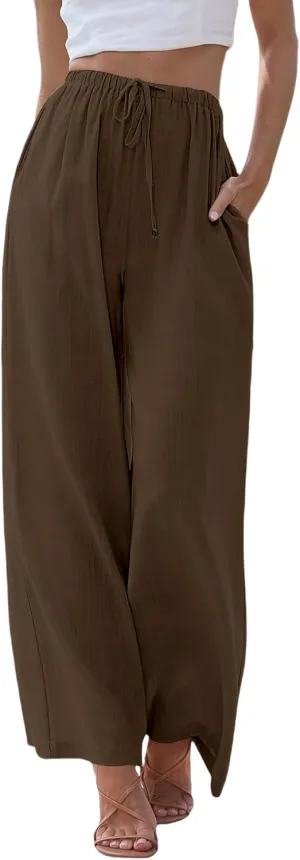 Womens Linen Pants Summer Casual Loose Beach Trousers with Pockets High Waisted Drawstring Wide Leg Pants for Women