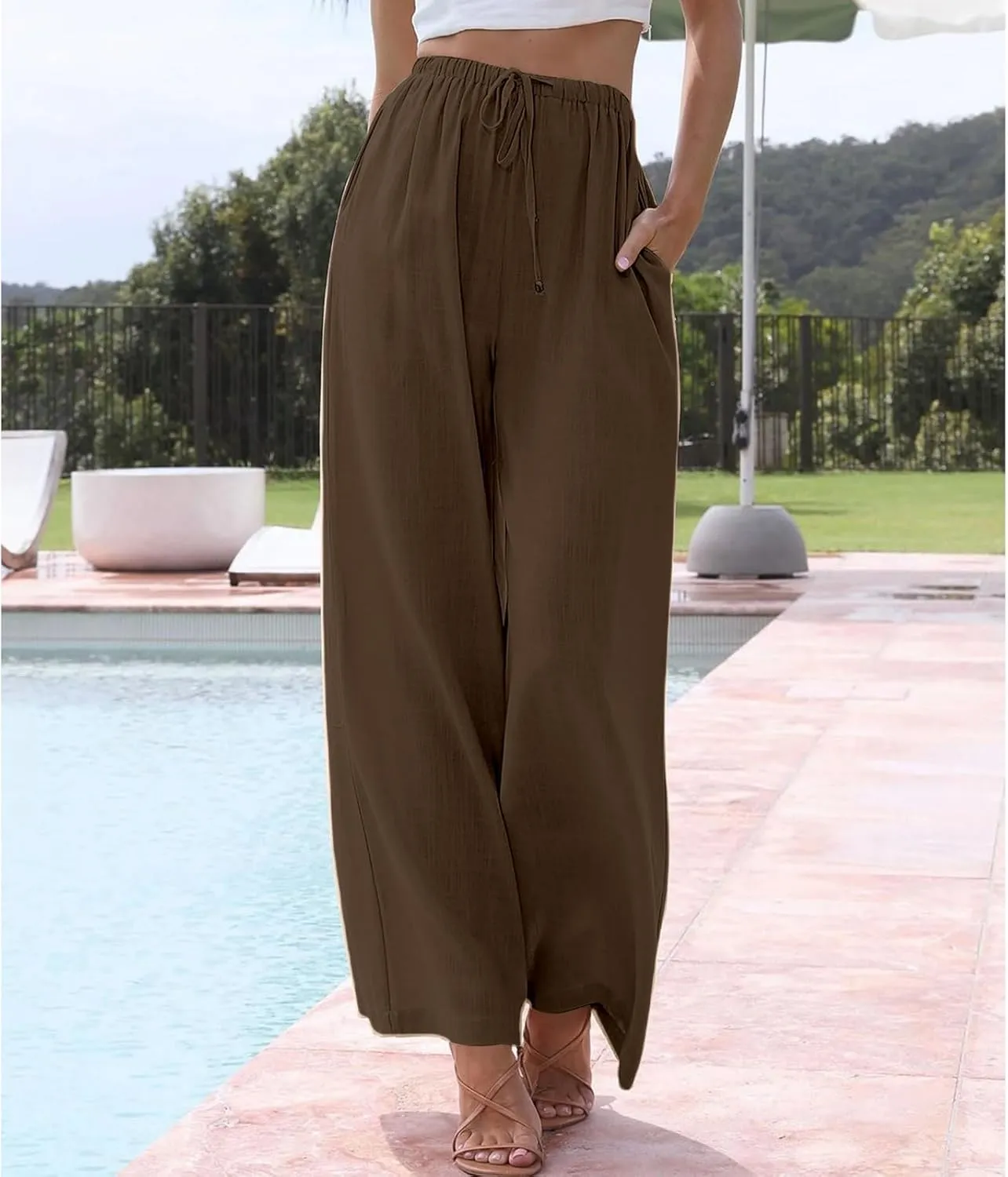 Womens Linen Pants Summer Casual Loose Beach Trousers with Pockets High Waisted Drawstring Wide Leg Pants for Women