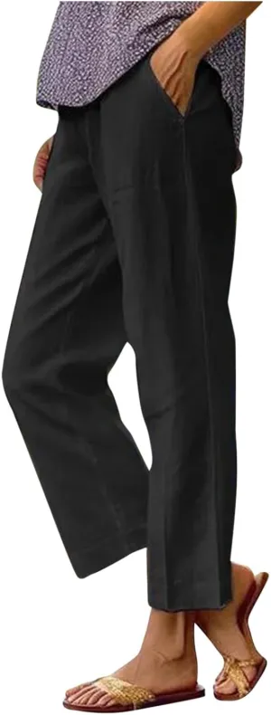 Women's Linen Summer Tie Knot Palazzo Lounge Pants High Waist Ankle Length Slim Fit Pant Trousers Office