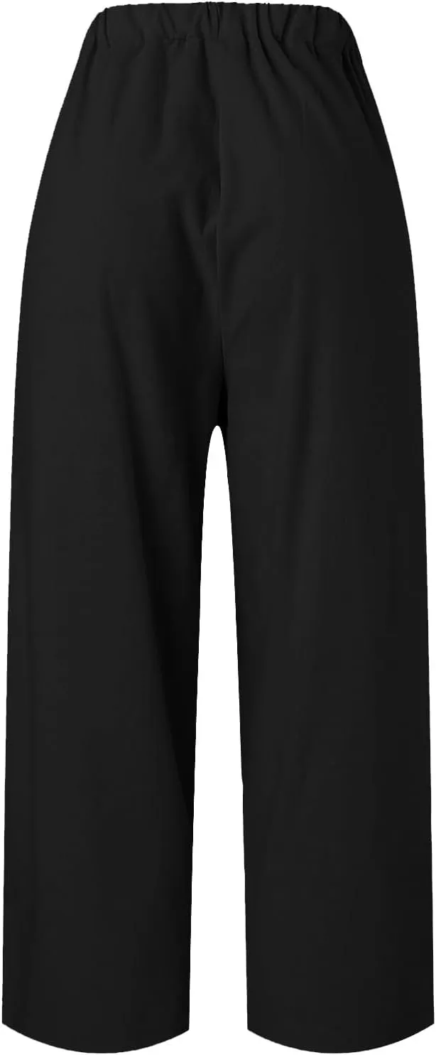 Women's Linen Summer Tie Knot Palazzo Lounge Pants High Waist Ankle Length Slim Fit Pant Trousers Office