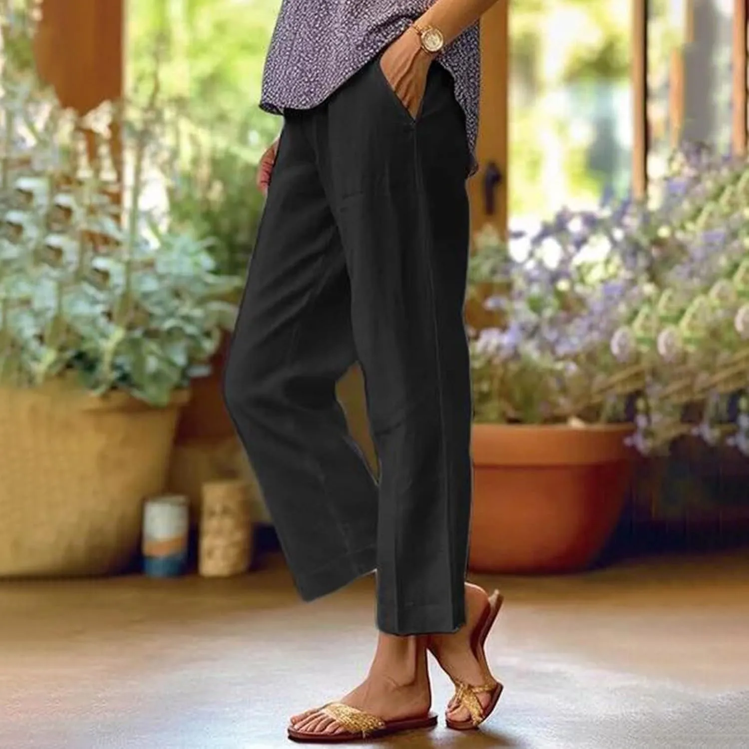Women's Linen Summer Tie Knot Palazzo Lounge Pants High Waist Ankle Length Slim Fit Pant Trousers Office