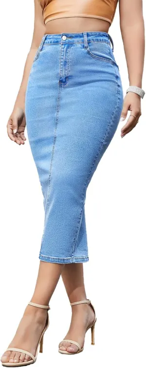 Women's Long Jean Skirts Stretch Denim Midi Skirts with Back Slit Bodycon Mid Waisted A Line Dress with Pockets