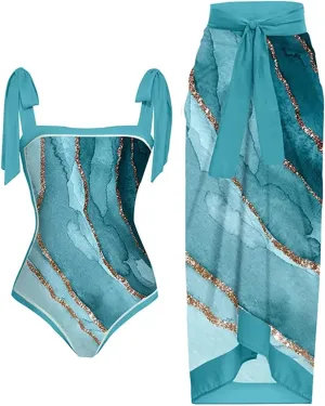 Womens One Piece Swimsuits with Cover Up 2024 Vacation Outfits 2 Piece Floral Print Bathing Suit Wrap Skirt Sarong